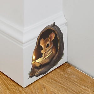 3D cartoon mouse reading book in wall hole sticker for home decoration