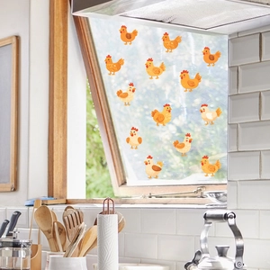 Cartoon kip raamstickers voor keuken glas decoratie in warme natuurlijke tinten