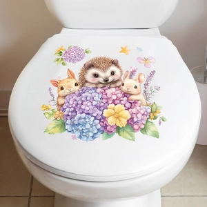 Cartoon rabbit and hedgehog flower stickers on a white toilet lid bathroom decoration