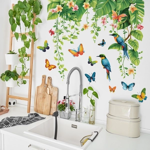 Tropical wall stickers with monstera leaves birds and flowers for home interior decor