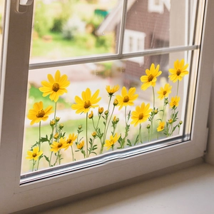Vibrant yellow flower window decals for balcony glass decoration with natural garden view