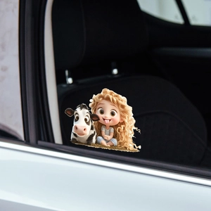 Adesivo per auto 3D con simpatica bambina e mucca decorativa per finestrino laterale