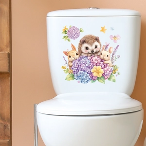 Cartoon hedgehog and bunny wall stickers for bathroom toilet tank decoration