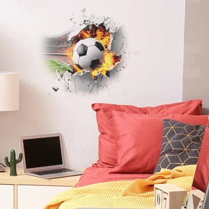Sticker mural 3D football enflammé effet mur brisé pour déco de chambre maison