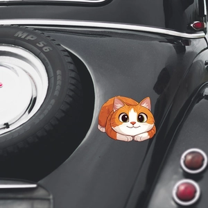 Cute cartoon orange tabby cat car sticker on black vehicle glass, waterproof PVC decal