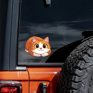 Cute orange cartoon fat cat car sticker on dark window, decorative waterproof PVC decal