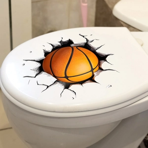 Adesivo 3D palla da basket con effetto crepa creativa su coperchio WC bianco liscio