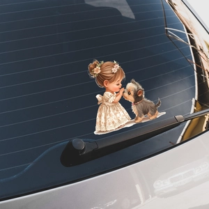Autoaufkleber mit Cartoon-Mädchen und Yorkshire Terrier für die Heckscheibe