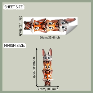 Cartoon animal wall decal sheet 29x90cm with fox, cat and rabbit size guide
