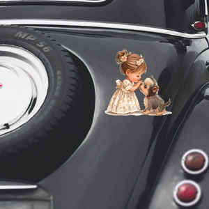 Süßer Autoaufkleber mit Cartoon-Mädchen und Welpen auf schwarzer Karosserie mit Reifendetail