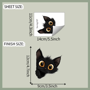 Detail view of cartoon black cat light switch wall sticker with dimensions for home decor