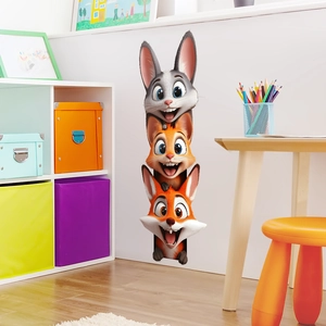 3D cartoon animal wall stickers featuring stackable rabbit cat and fox for kids room decor