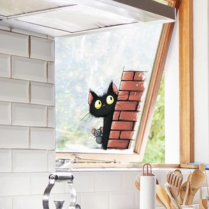 Cartoon black cat and mouse peeking from red brick wall decorative window sticker