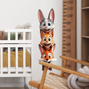3D cartoon animal height chart wall sticker featuring a rabbit, cat, and fox for kids