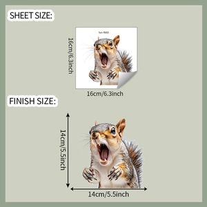 Detail showing the sheet size 16x16cm and finish size 14x14cm of the squirrel car sticker