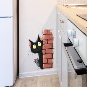 Creative black cat and mouse peeking from red brick wall 3D self-adhesive wall decal
