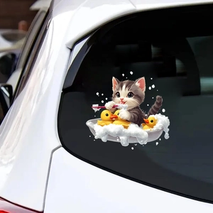 Cartoon cat and duck bathtub sticker applied on a white car window for decoration