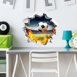 3D flaming soccer ball wall decal breaking through wall for modern living room decor