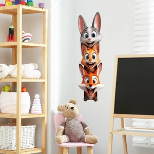 3D cartoon animal wall stickers with stacked rabbit, cat, and fox for kid room decor