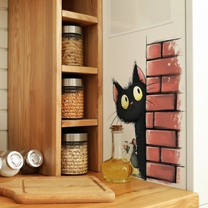 Creative black cat and mouse peeking from red brick wall sticker for kitchen decor