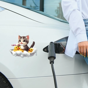 Cartoon gray kitten bathing with yellow ducks decorative waterproof car sticker