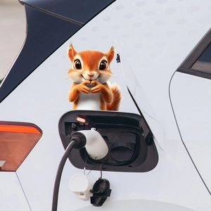 3D cartoon squirrel car sticker with heart gesture on white vehicle body panel