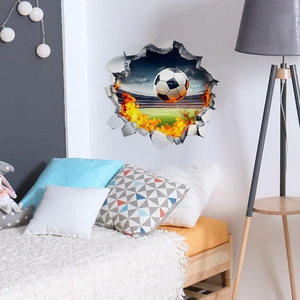 3D cracked wall flaming soccer ball wall sticker for creative home bedroom decor