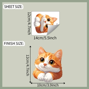Detail showing dimensions of orange cartoon cat wall sticker with finish size and sheet size