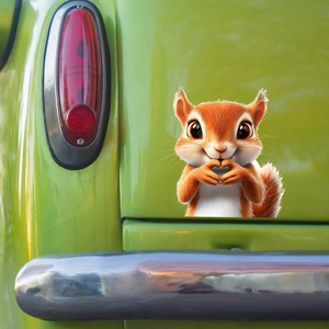 Cute cartoon squirrel 3D sticker making a heart gesture on a vintage green car's rear