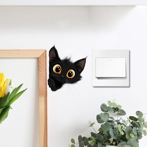 Cartoon peeking black cat wall sticker with orange eyes for home light switch decor