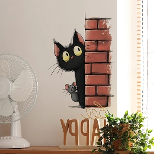 Playful black cat and gray mouse peeking behind red brick wall decorative wall decal