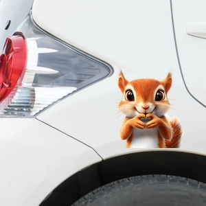 3D cartoon squirrel car decal with heart gesture on white vehicle body decoration