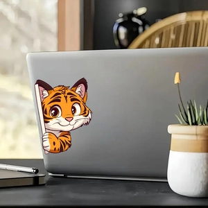 Cute cartoon tiger peeking sticker for laptop decoration on silver grey surface