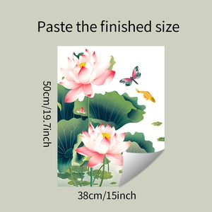 Detail of lotus wall sticker showing 50x38cm dimensions with pink flowers and koi fish