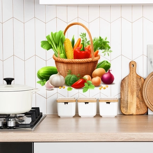 Colorful vegetable basket wall sticker set for kitchen with realistic food illustrations