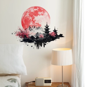 Adesivo Murale Paesaggio Stile Inchiostro Giapponese Luna Rossa Pagoda Montagna Fiori Ciliegio PVC Decalcomania Decorativa