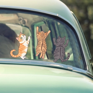 Three cute cartoon tabby cats climbing wall stickers for car window and glass decor