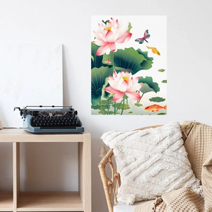 Chinese style lotus and koi fish wall poster for home living room artistic wall decoration
