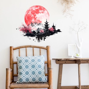 Adesivo murale stile giapponese con luna rossa paesaggio a inchiostro e fiori di ciliegio
