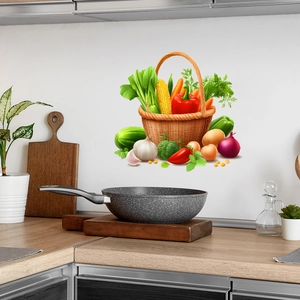 Kitchen wall sticker featuring a realistic vegetable basket with corn and peppers