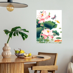 Modern Chinese wall art featuring pink lotus flowers, green leaves and lucky koi fish