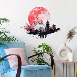 Adesivo murale stile giapponese con luna rossa, pagoda e fiori di ciliegio per soggiorno