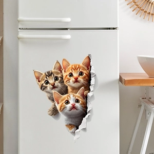 Creative 3D wall stickers featuring cute kittens peeking through realistic torn paper holes