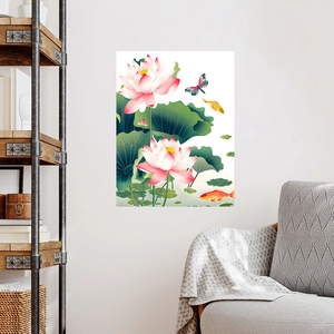 Chinese style lotus and koi fish wall sticker for elegant living room home decoration