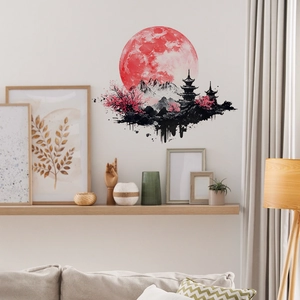 Adesivo murale giapponese con luna rossa, montagne e pagoda per decorare la casa