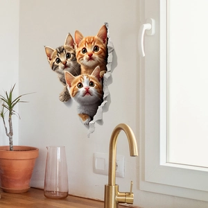 3D cat wall stickers featuring cute kittens peeking through broken wall for home decor
