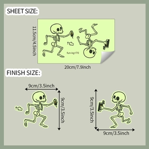 Luminous skeleton wall sticker set detail showing sheet size and finish dimensions