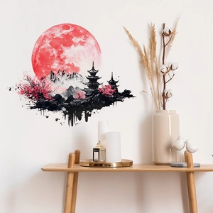 Adesivo murale stile inchiostro giapponese con luna rossa, montagne innevate e ciliegi
