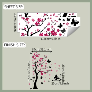 Détails du sticker mural fleur de prunier montrant les dimensions du support et pose