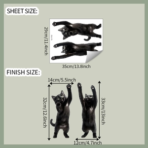 Detailed sheet size and finish dimensions for cartoon black cat PVC wall stickers